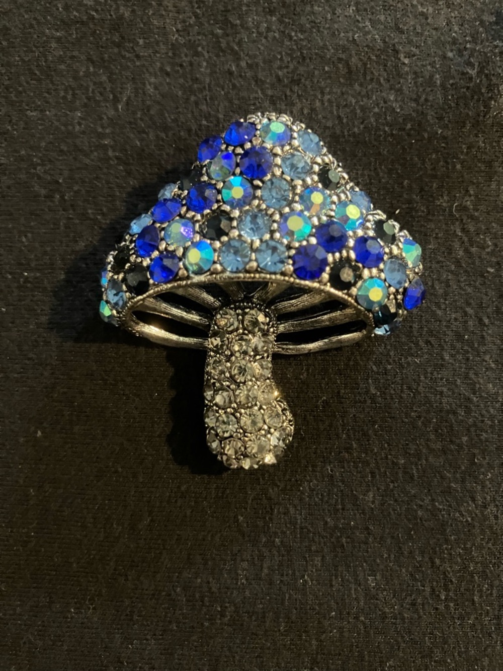 Estate Blue Crystal Mushroom Brooch with Iridescent Accents